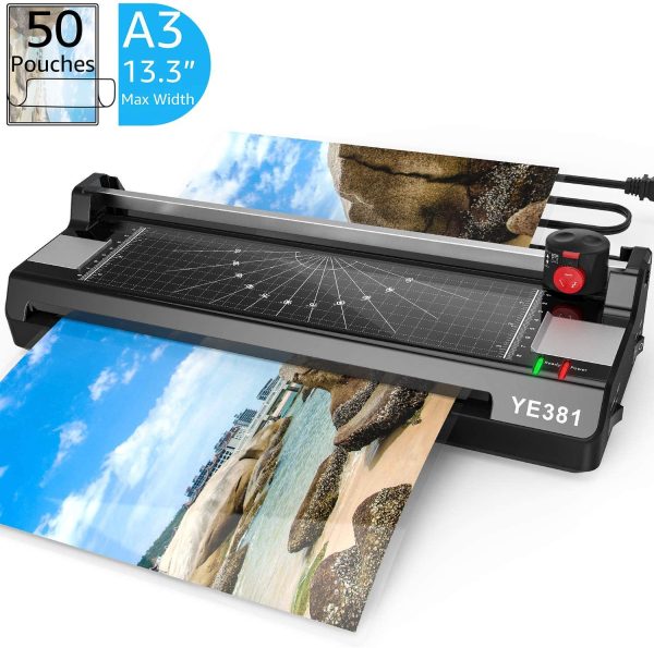 Laminator Machine for A3/A4/A6, YE381 Thermal Laminating Machine for Home Office School Use with 50 Pouches, Paper Trimmer and Corner Rounder